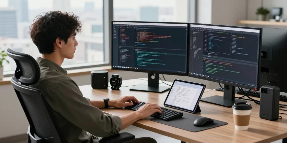 Efficient workspace for WhatsApp下載 showcasing developer's desk with modern tech tools.