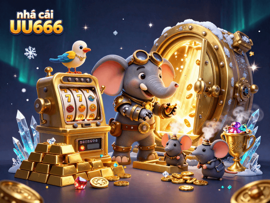 Spin the golden slot machine with nhà cái UU666's fun-filled gaming scene showcasing treasures and excitement.