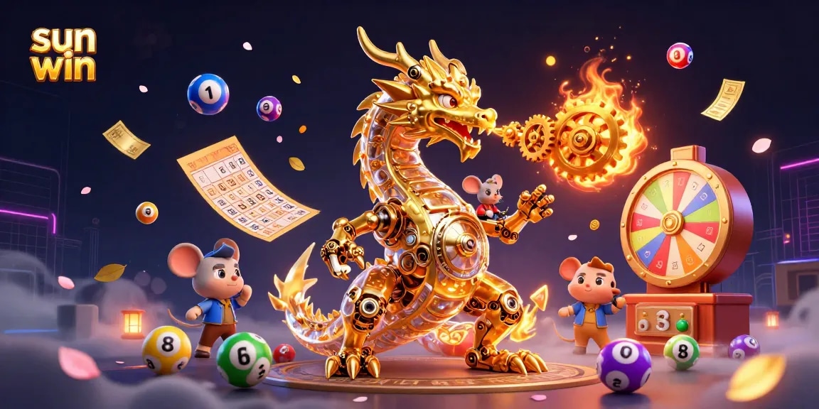 Experience sun win excitement with a golden dragon and dynamic lottery elements in vibrant 3D