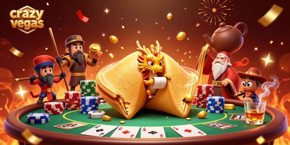 Experience the thrill of gaming at crazyvegas with golden fortune cookies and poker elements!