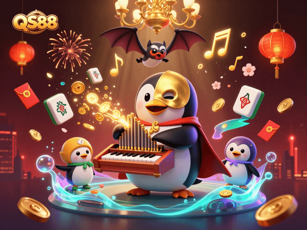 QS88 illustrates gaming excitement with a phantom penguin and golden mechanical wonders.