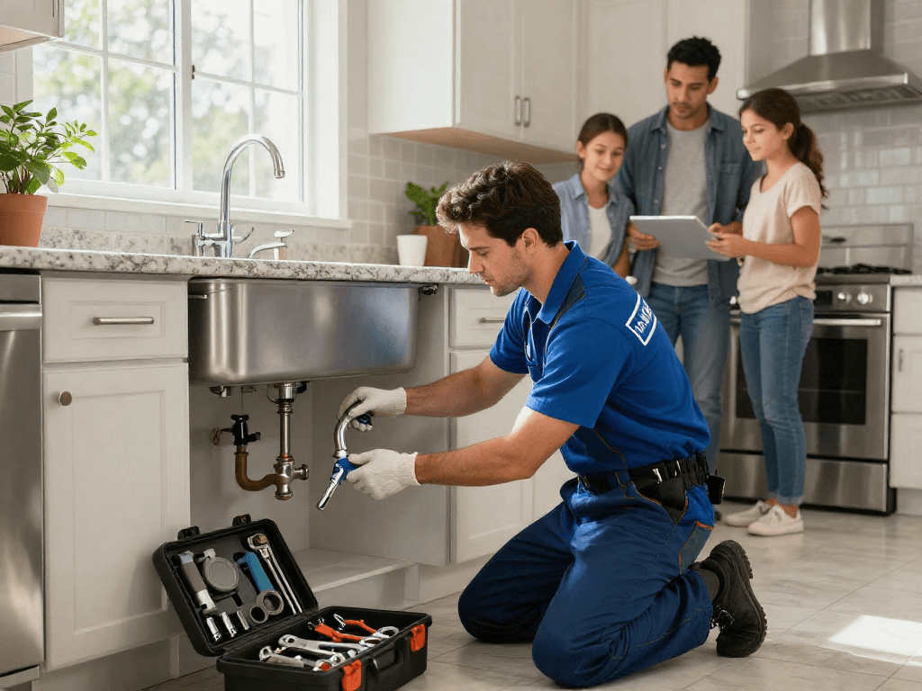 Skilled plumber from Blue Moon Plumbing and Rooter repairing a sink in a modern kitchen.