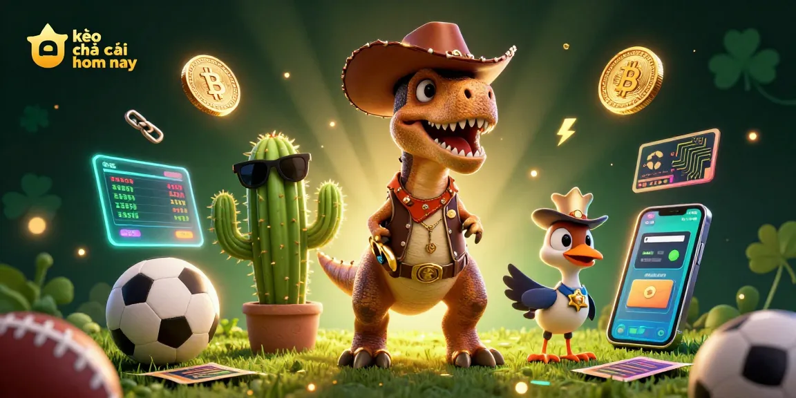 Bettors explore today's odds with kèo nhà cái hôm nay, featuring a dinosaur and vibrant betting visuals.