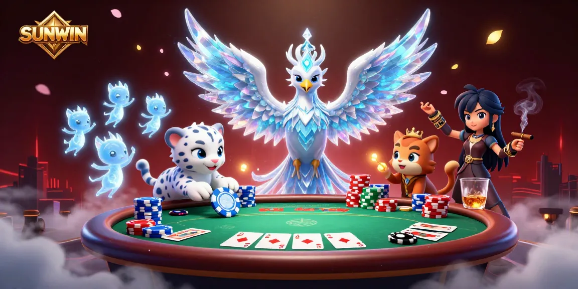 SUNWIN offers vibrant gaming excitement with an ice phoenix, poker chips, and glowing sprites.