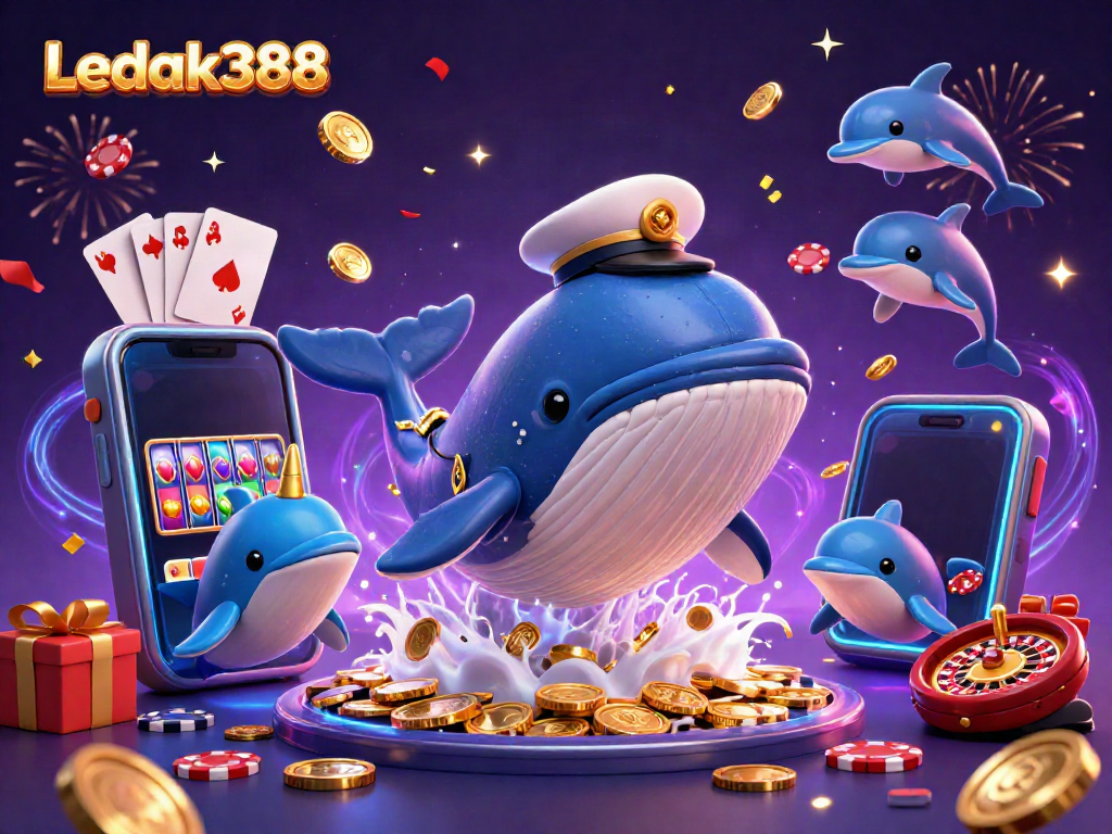 Experience the excitement of Ledak388 with a scene of a whale, dolphins, and gaming elements.