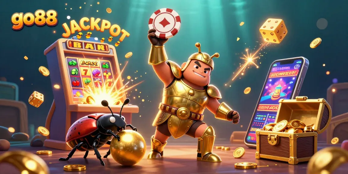 Experience the thrill of go88 with a hercules beetle champion lifting a poker chip, vibrant jackpot elements.