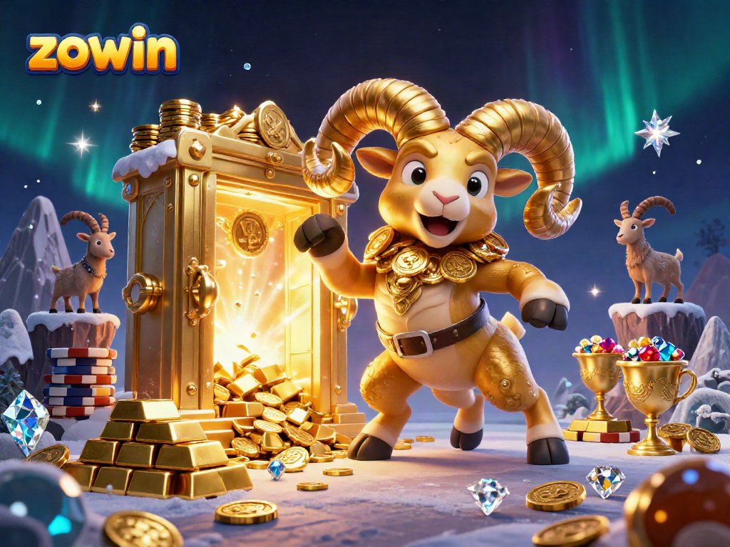 Zowin features a golden ram charging toward a treasure vault, symbolizing high-stakes casino excitement.