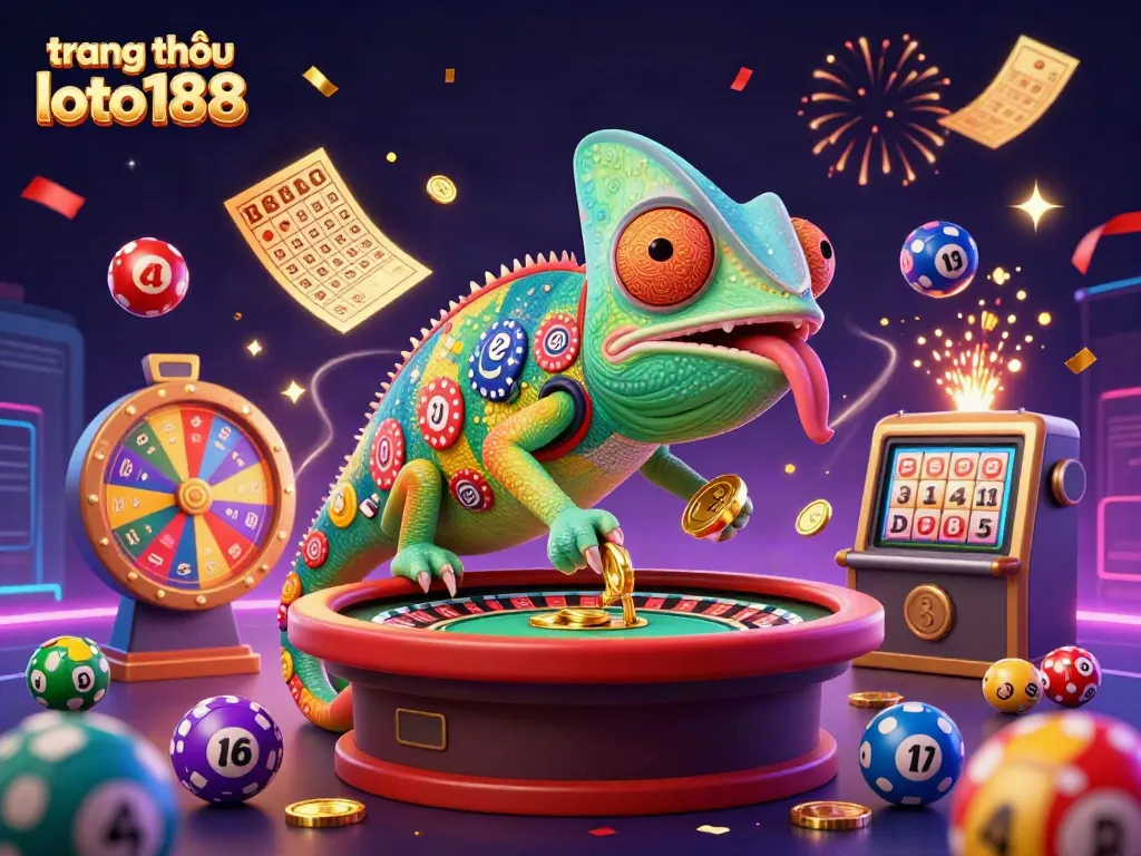 Engage with the dynamic world of trang chủ loto188, where the vibrant chameleon casino owner interacts with colorful game elements in a lively 3D scene.
