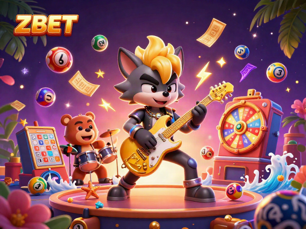 Experience ZBET's vibrant casino atmosphere through a dynamic 3D illustration of a wolf rock star and drummer bear.