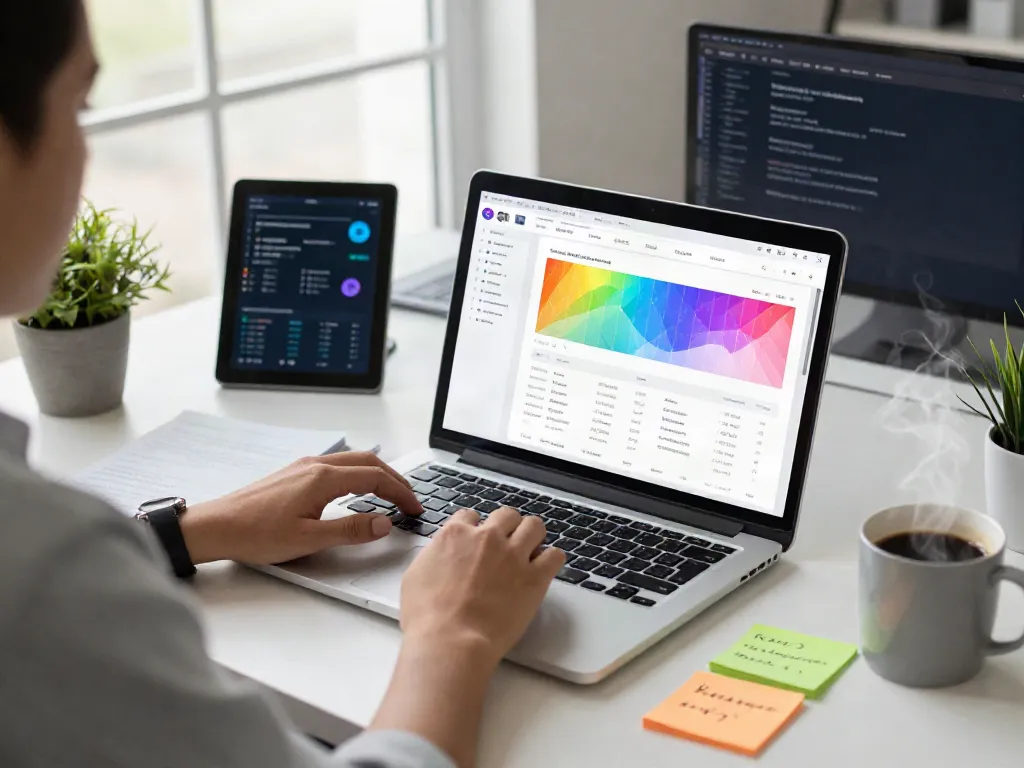 Marketing strategist utilizing instant indexing tools on a laptop in a modern workspace setting.