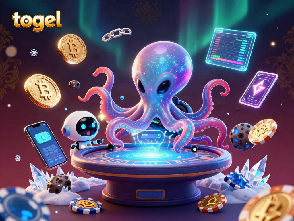 Engage in thrilling togel gameplay with an alien octopus dealing holographic poker, surrounded by crypto elements.