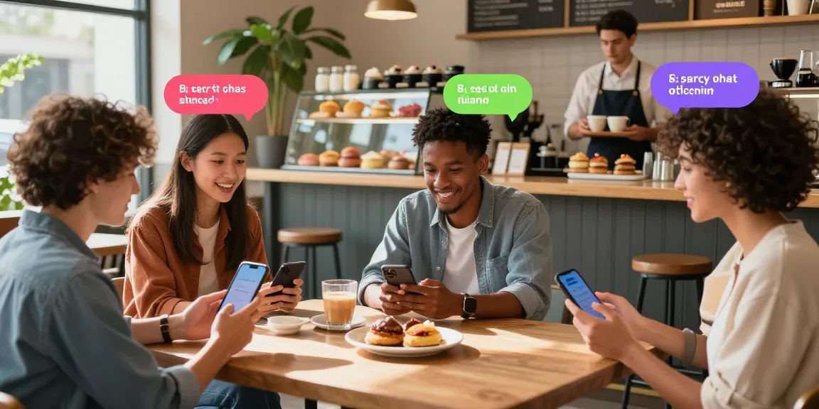 Friends enjoying vibrant conversations with spicy chat ai in a cozy cafe, capturing lively interactions.
