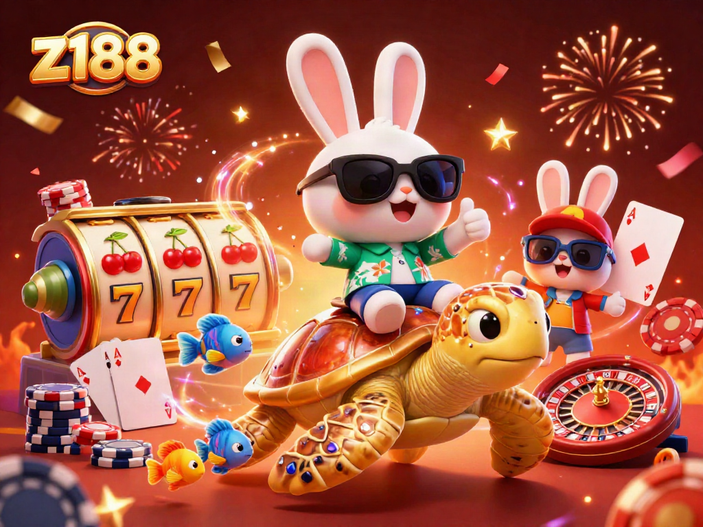 Engage in z188 casino excitement with a lucky rabbit and golden turtle amid vibrant slot elements.