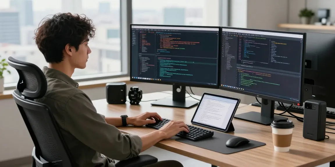 Efficient workspace for WhatsApp下載 showcasing developer's desk with modern tech tools.