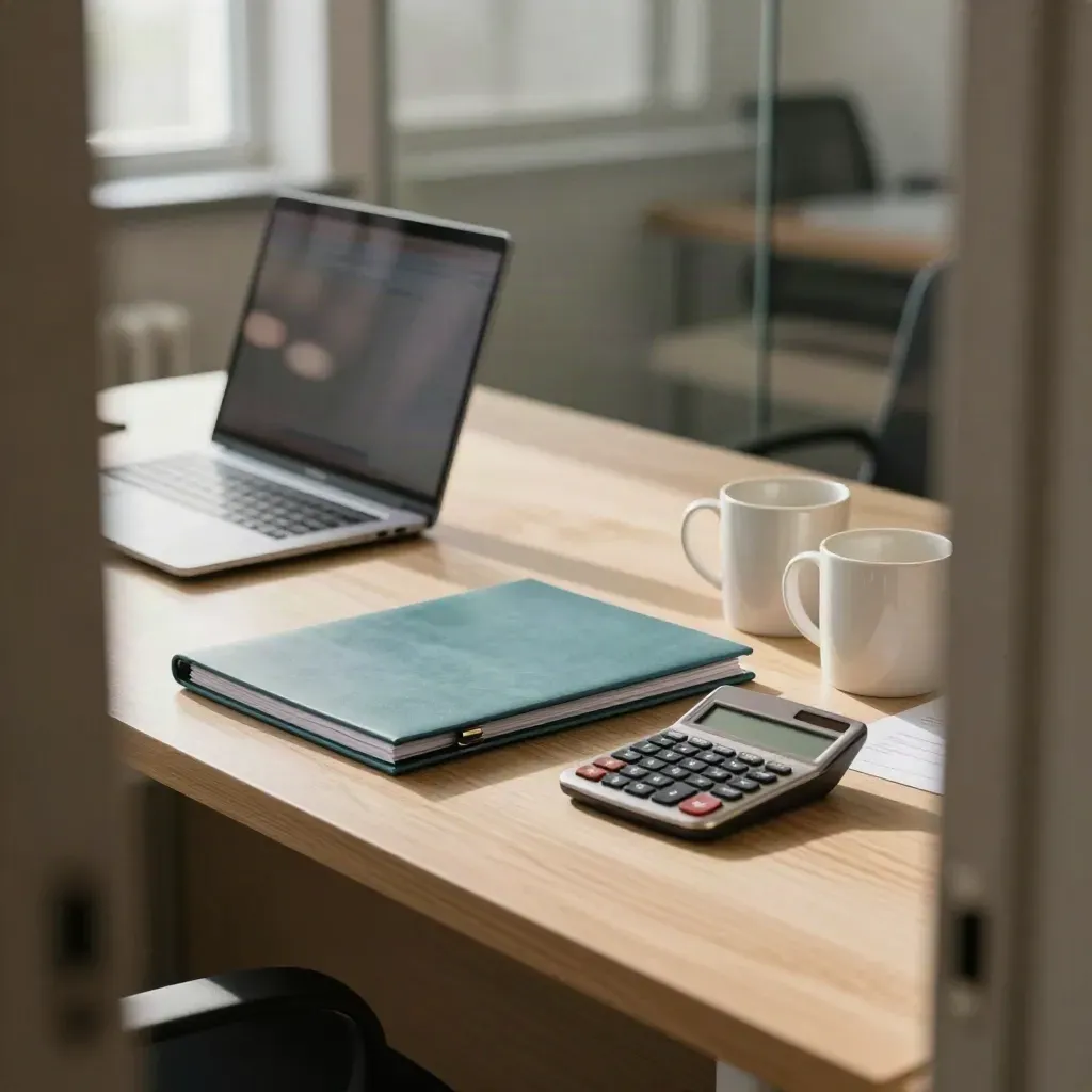 SEO audit table with laptop, sealed folder, calculator and two mugs in soft window light