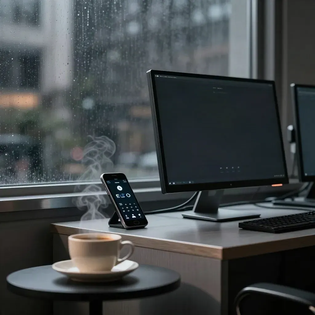 Rainy evening SEO monitoring setup with vibrating phone and coffee beside angled monitors