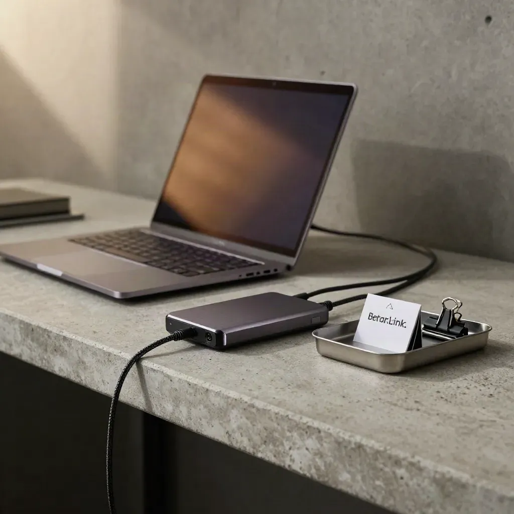 Laptop, external drive and clip tray in a cool SEO monitoring setup with a warning glow.