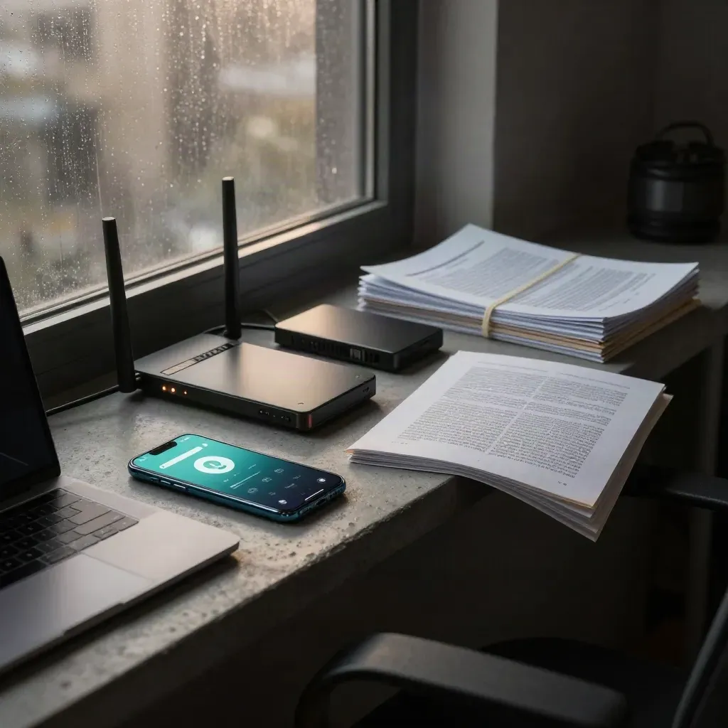 Rainy dawn SEO audit workstation with laptop, phone glow, router and reports.