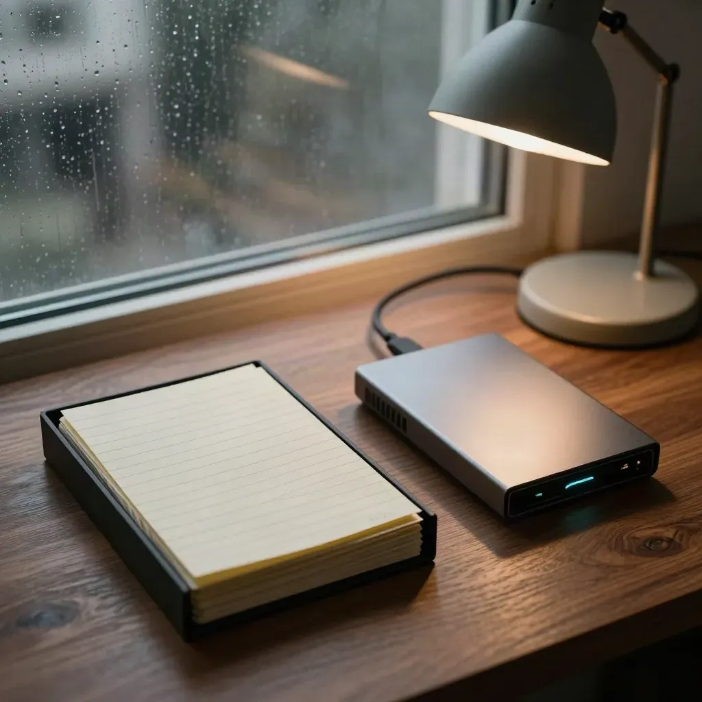 SEO recovery binder, router and backup drive under a lamp by a stormy window