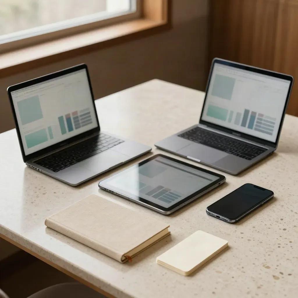 Top-down SEO comparison still life with three devices, closed notebook, and blank cards on travertine.