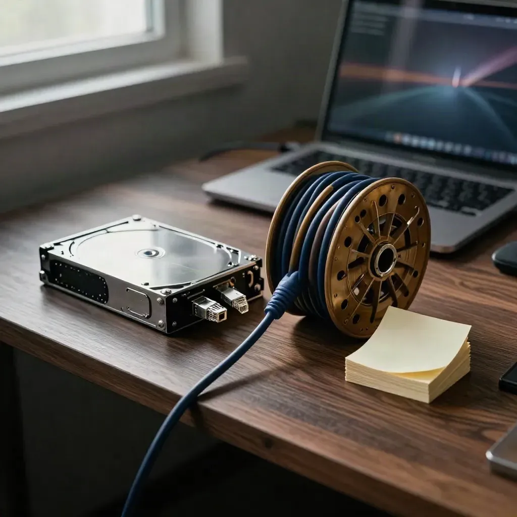 High-angle SEO cleanup bench with laptop, hard-drive dock, ethernet spool, and note stack.