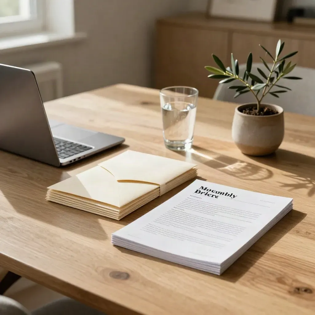 Report handoff setup on a warm oak table with laptop, envelopes, water glass, and plant.