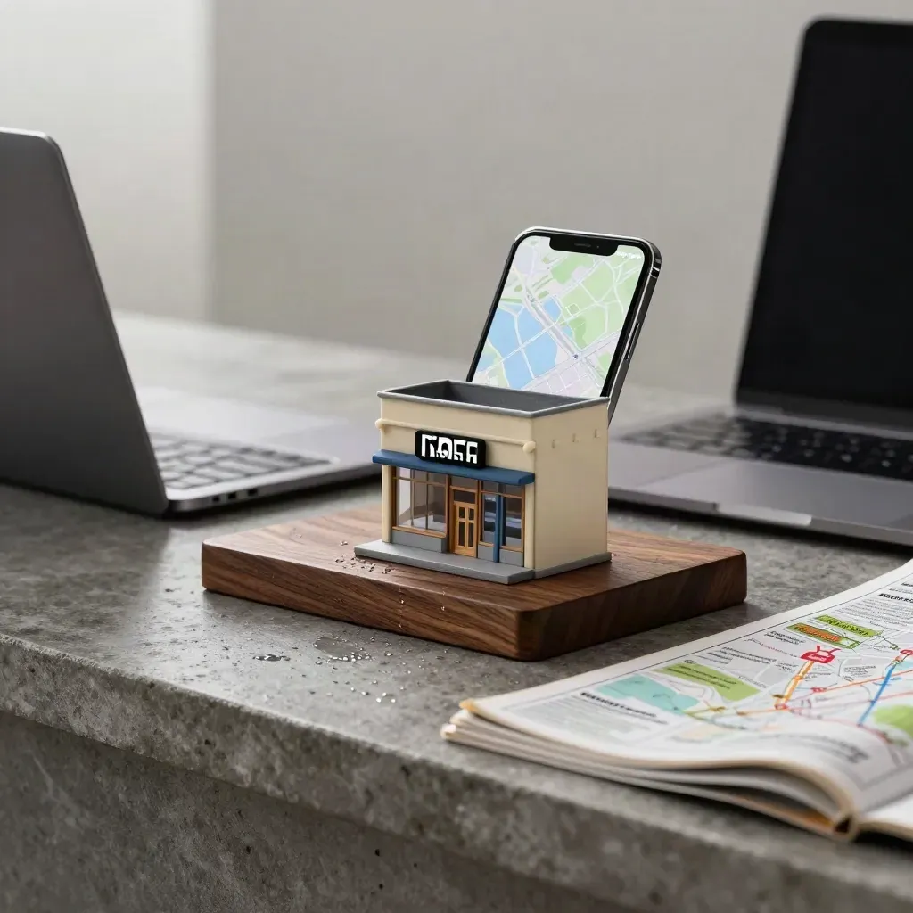 Mini storefront model, phone, laptop and face-down atlas on wet slate under soft daylight.