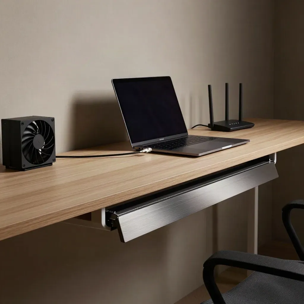 Dark SEO workspace with laptop, router, coiled ethernet, and fan under night haze.