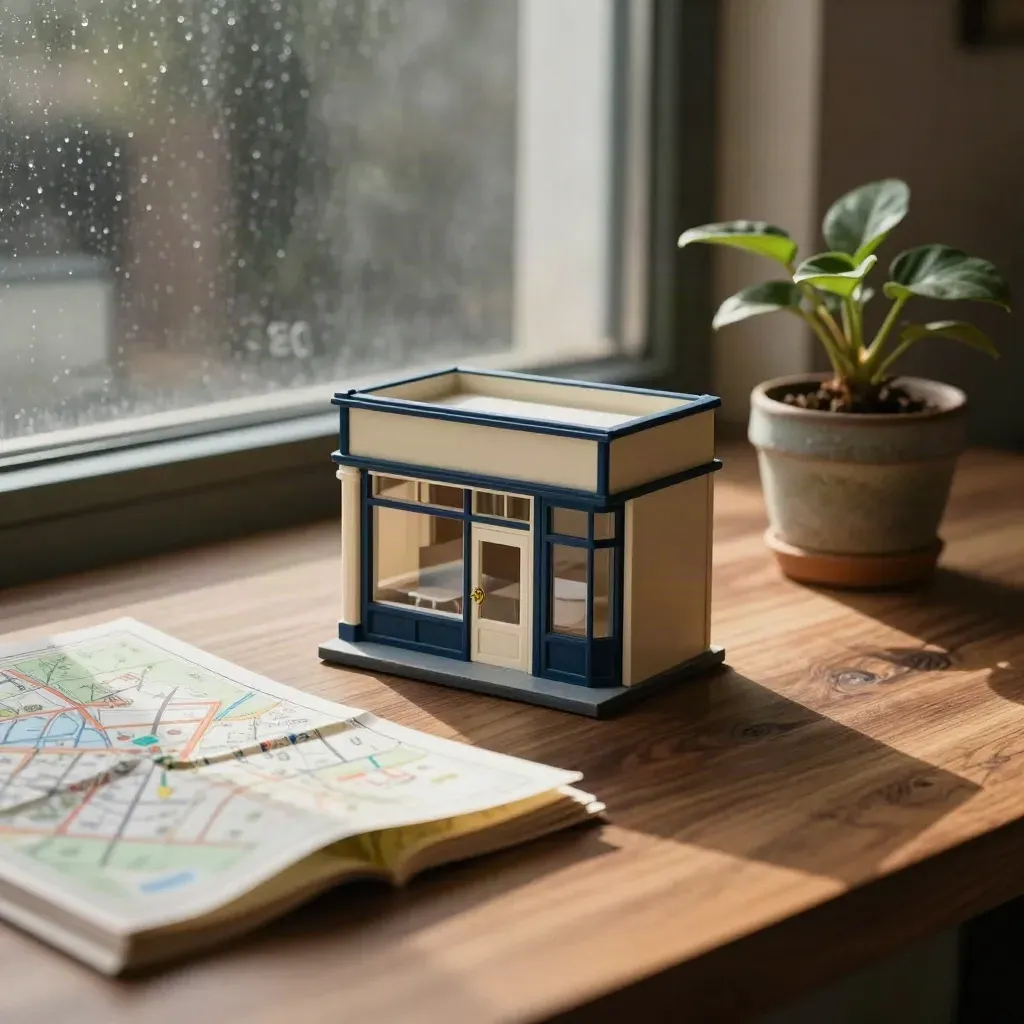 Mini storefront, folded atlas, and potted plant on a cozy consultation table by a rainy window.
