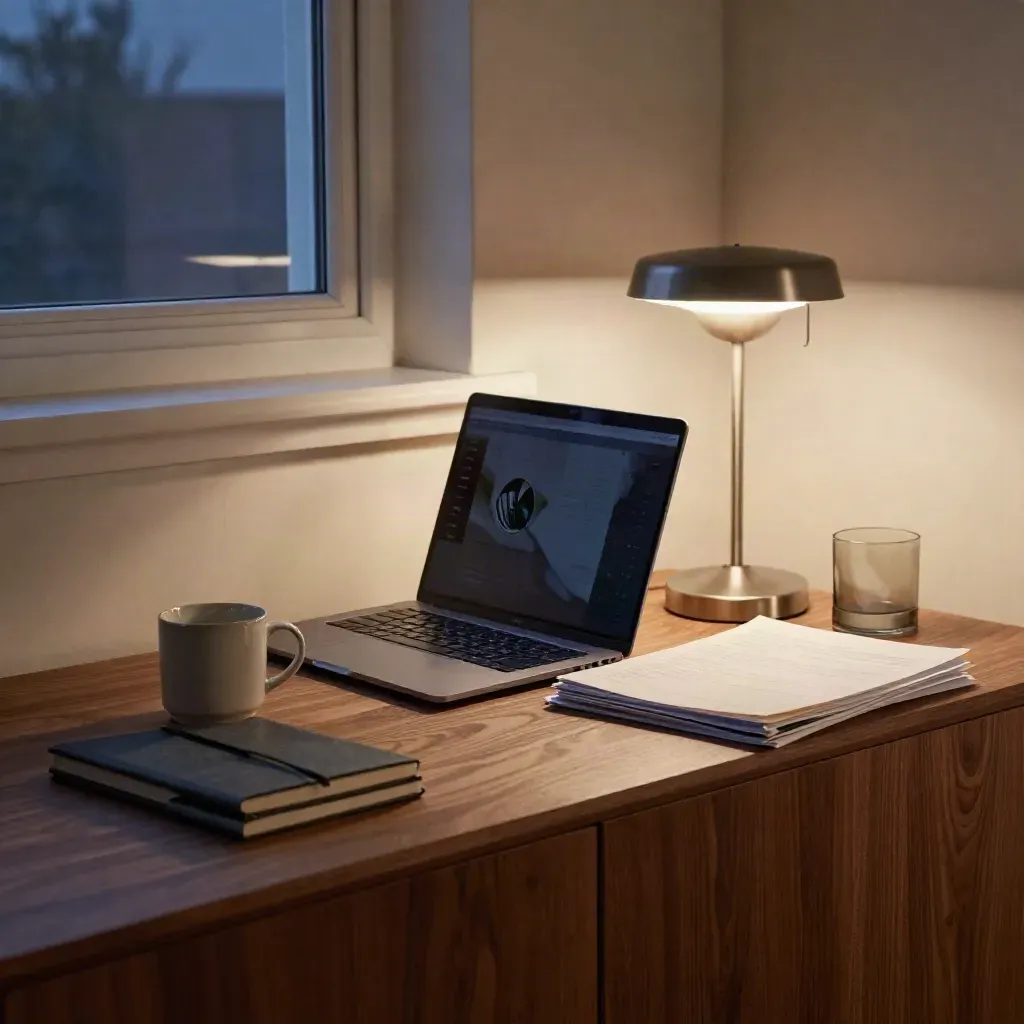 Sideboard with laptop, notebook, mug and dusk window light in a corner office