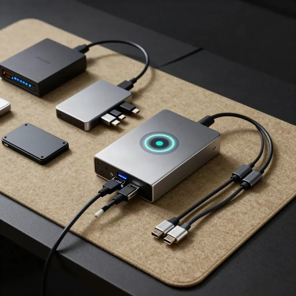 Backup drive dock and cables mid-sync, teal status light flickering in a dark workspace.