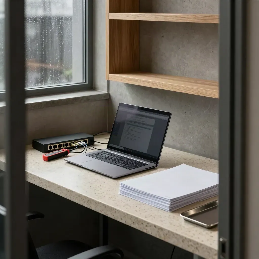 SEO audit bench with laptop, network switch, cable tester, and white folders in rain-muted light