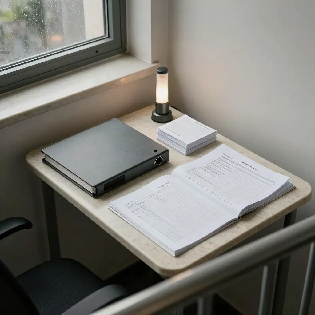 Stair-landing view into a penalty recovery table with binder, backup drive, lamp, and evidence sleeves.