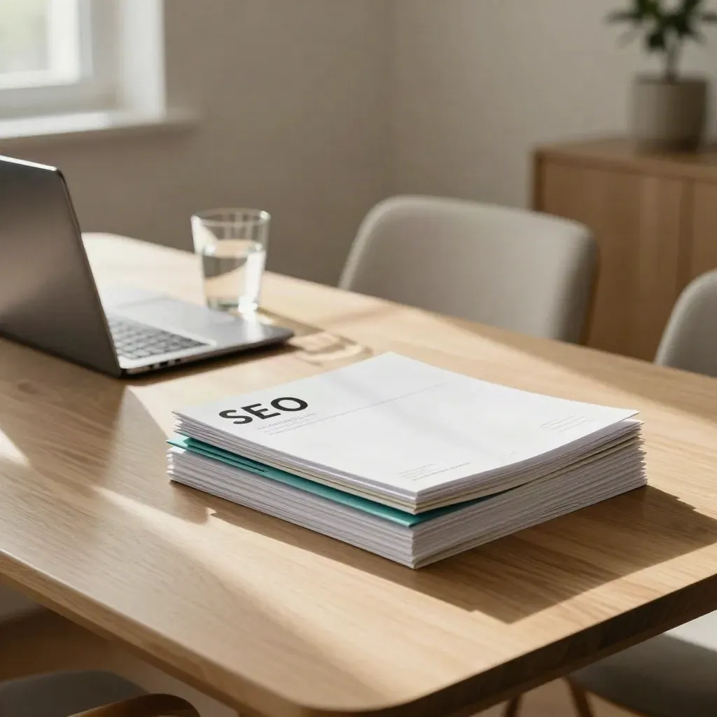 Sunlit SEO reporting nook with laptop, report folders, water glass, and small plant on a pale oak table.