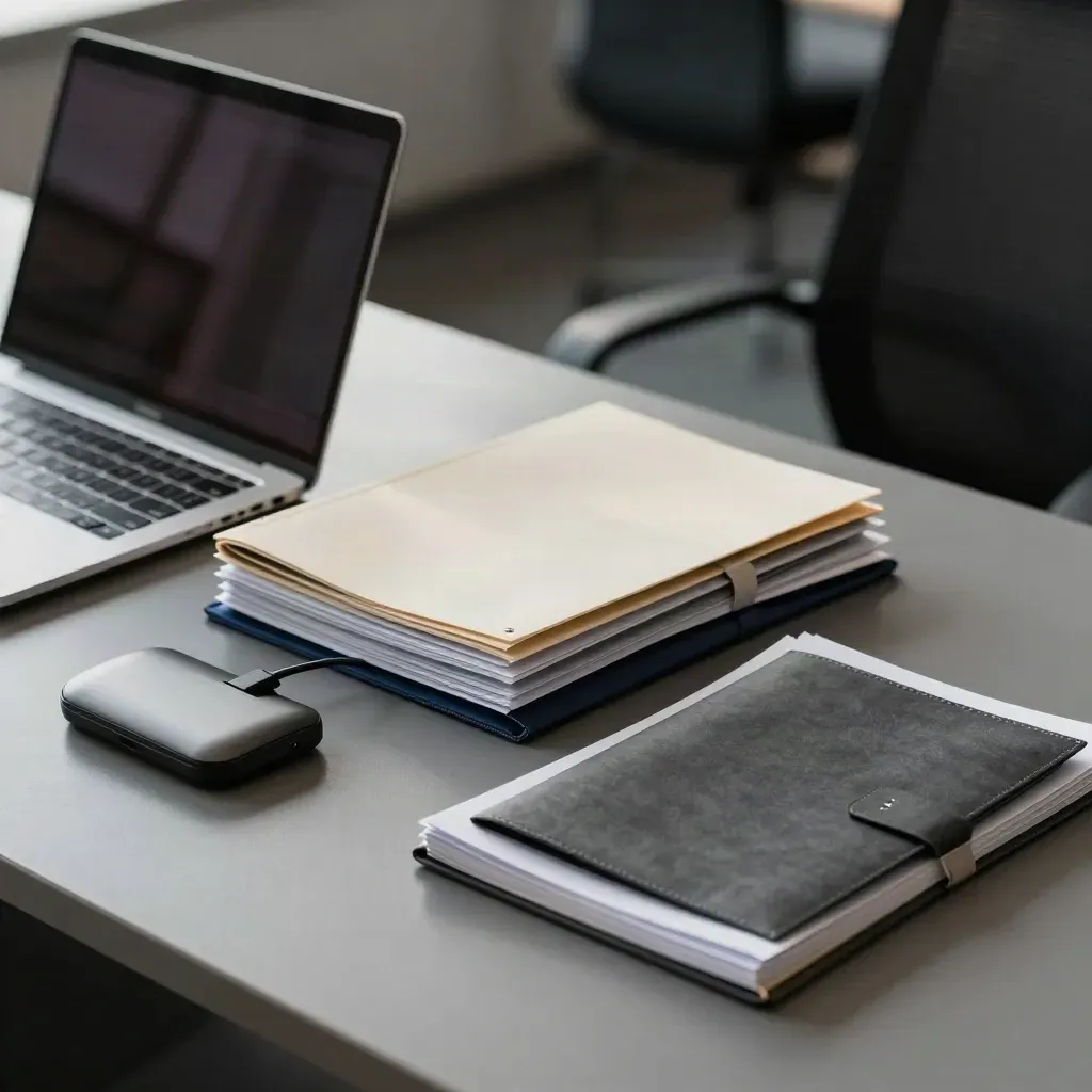 Closed laptop and face-down folders on a bullpen desk, lit by evening light and soft dust.
