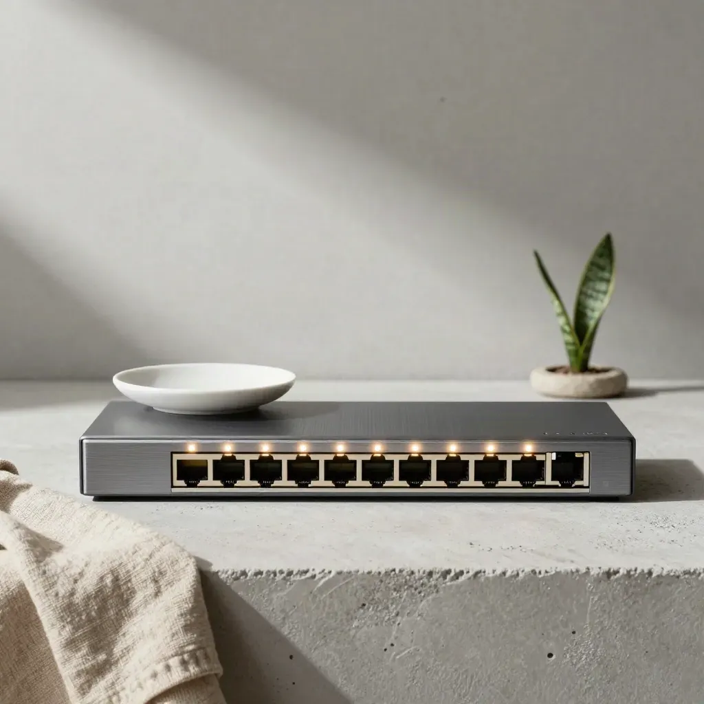 Top-down network switch still-life with linen, ceramic dish and snake plant cutting