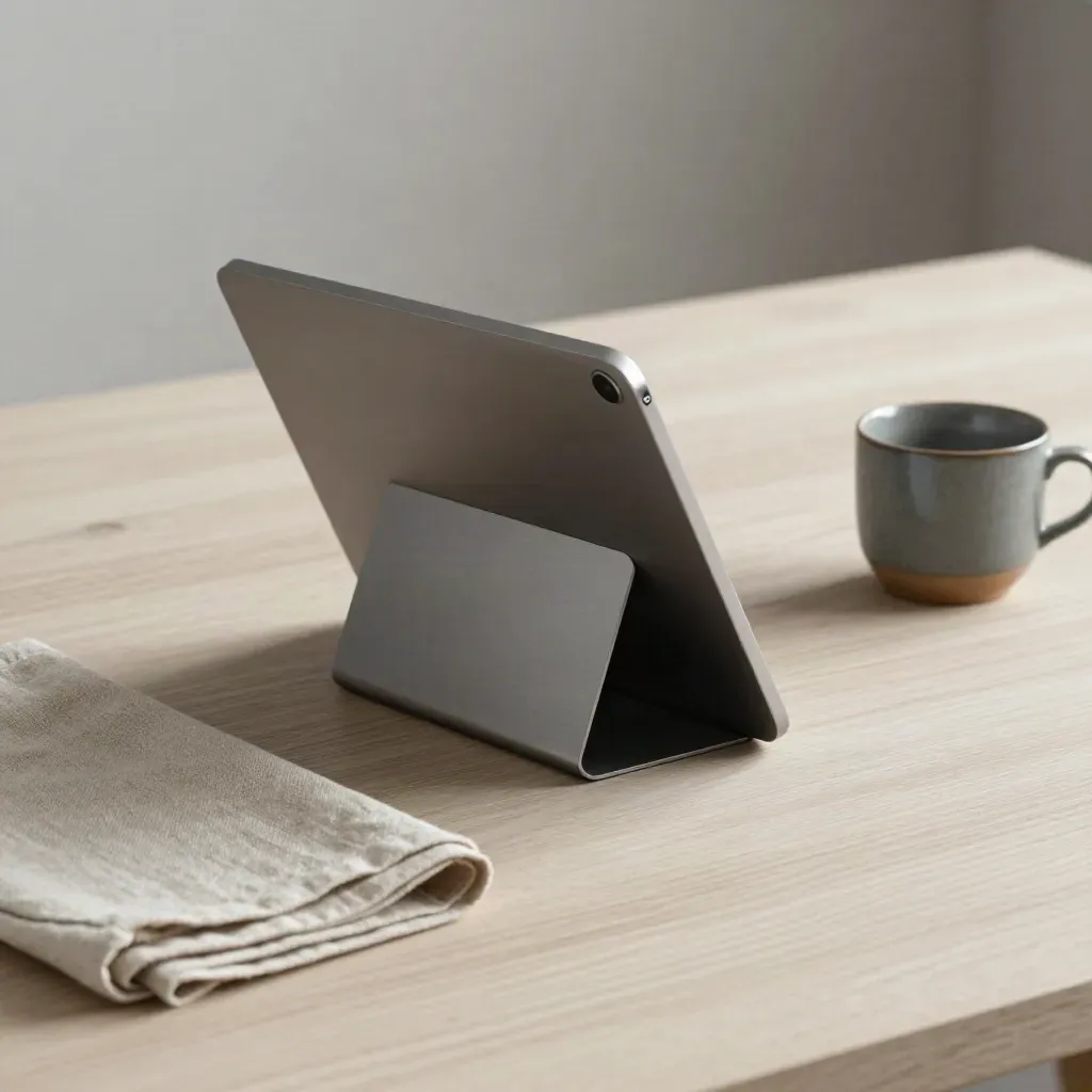 Tablet, linen cloth, and ceramic cup on pale wood, shown in a calm editorial still life.
