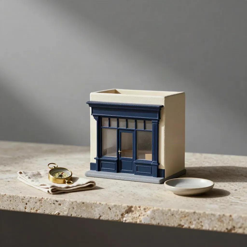 Miniature shopfront model with compass, linen cloth and ceramic dish on pale stone shelf.