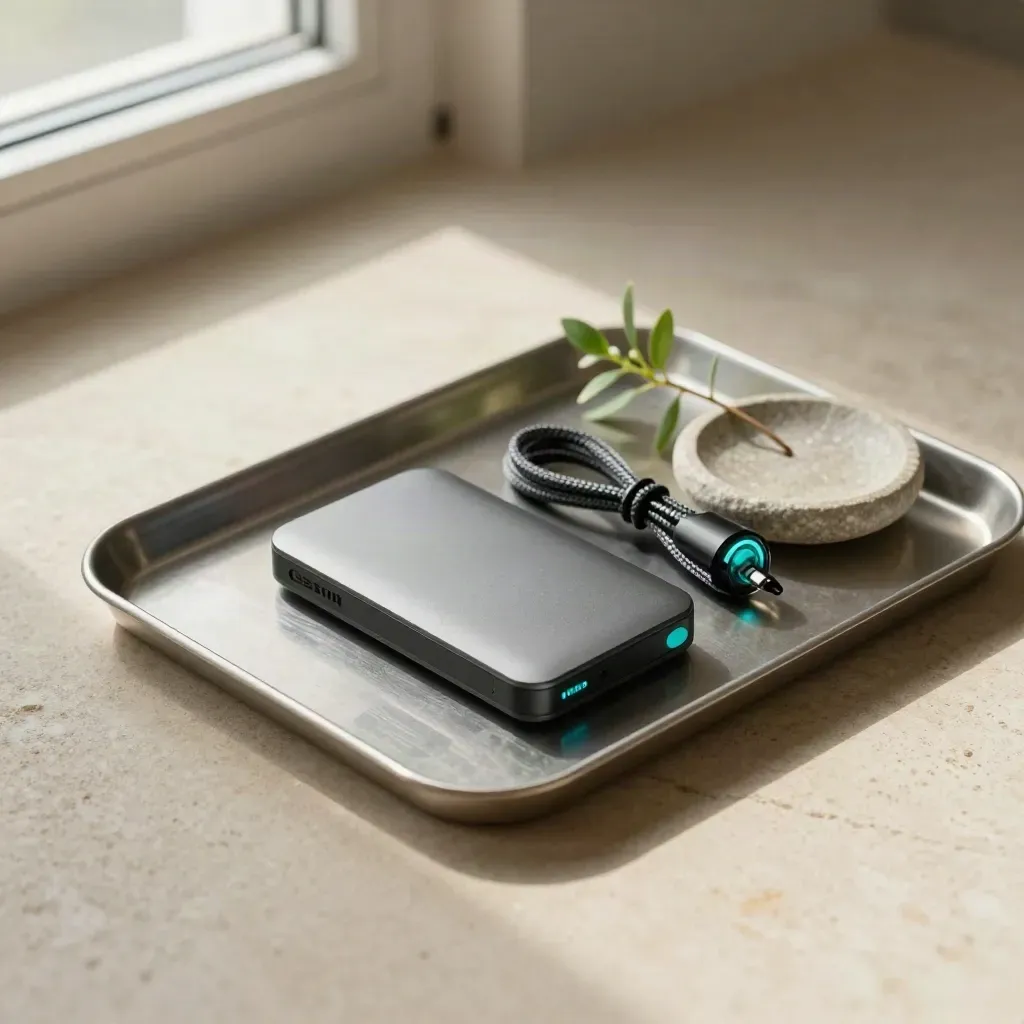 Sealed drive, cable coil, status puck, sprig and stone dish on a tray.