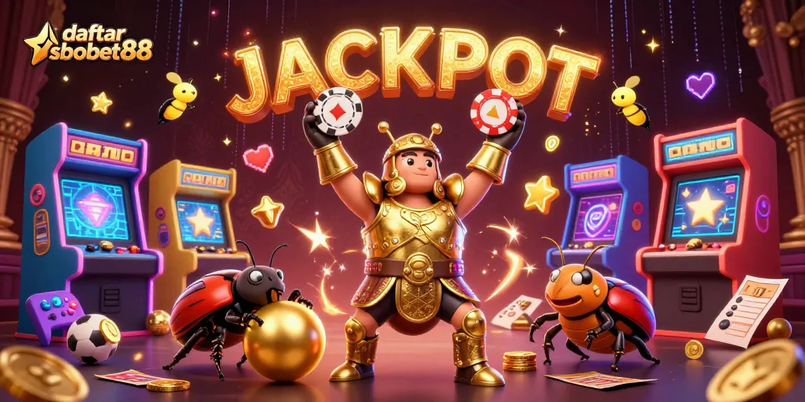 Experience the excitement of daftar sbobet88 with a victorious beetle in armor celebrating as fireflies spell JACKPOT.