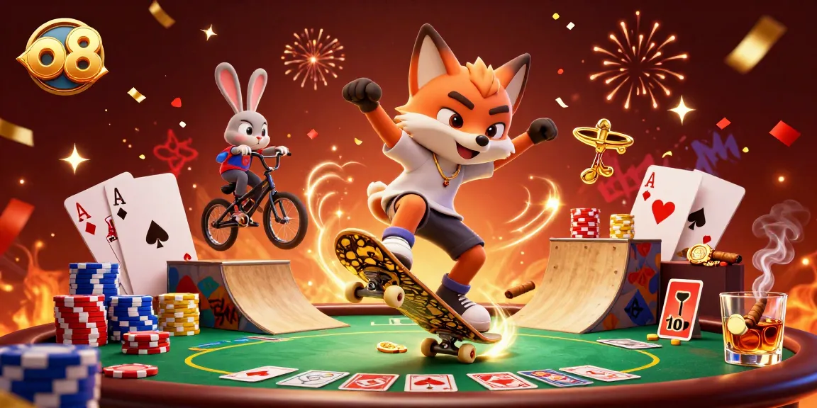 Experience thrilling gameplay with o8 as the fox skater flips over poker chip ramps, showcasing dynamic casino action.