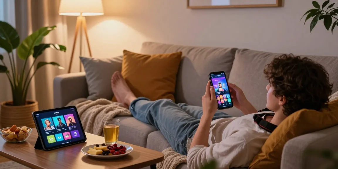 Playing a mobile porn game in a cozy living room setting, highlighting relaxation and enjoyment.