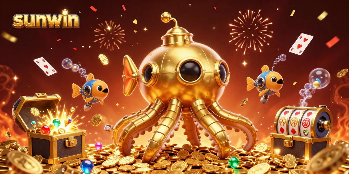 Join the excitement at sunwin with a golden kraken submarine surfacing amidst treasures in this vibrant gaming scene.