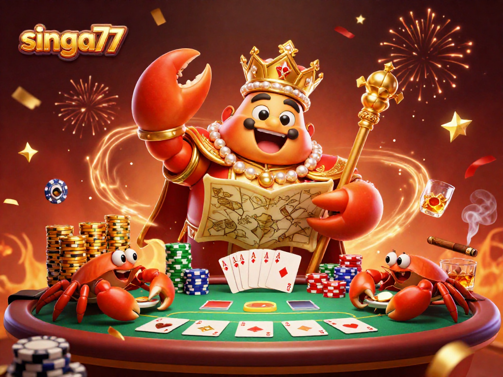 Experience the thrill of singa77's poker excitement with a golden crab emperor and vibrant casino elements