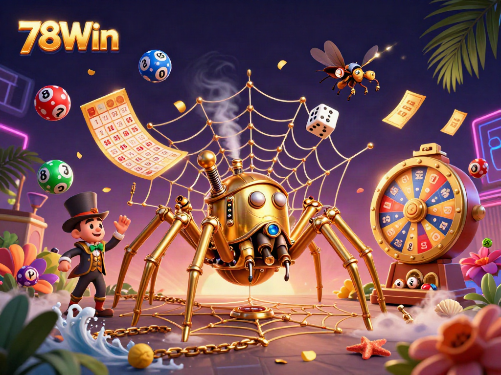 Engage with the unique 78Win gaming experience, surrounded by vibrant casino elements and dynamic lottery action.