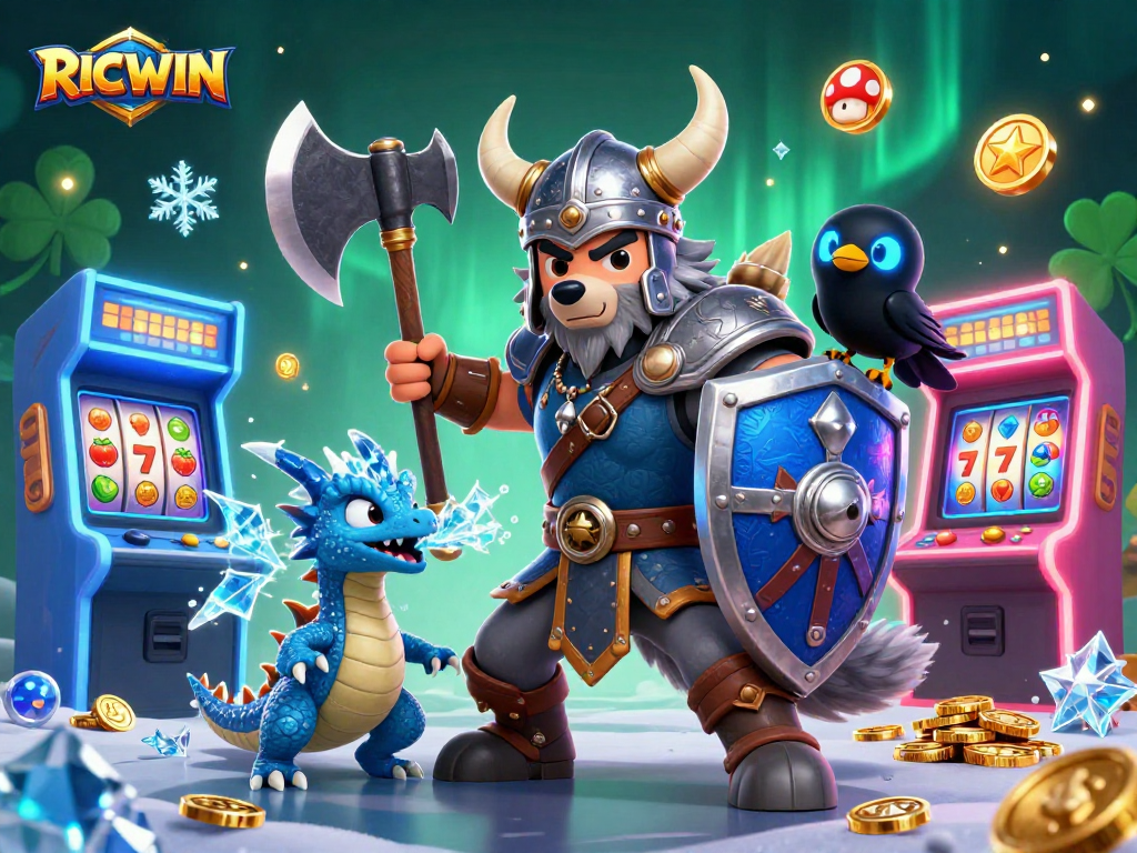 Play thrilling slots with RICWIN, featuring a Viking wolf warrior, fierce dragon, and vibrant game elements.