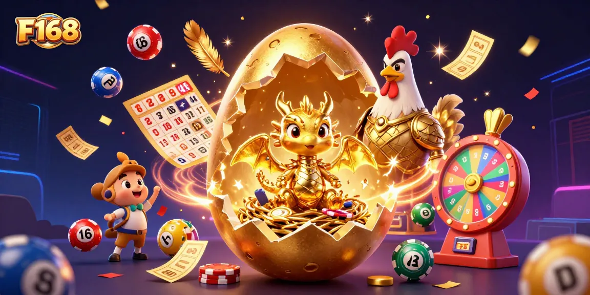 Experience the thrilling excitement of F168 with a golden dragon and dynamic lottery elements in a vibrant casino scene.