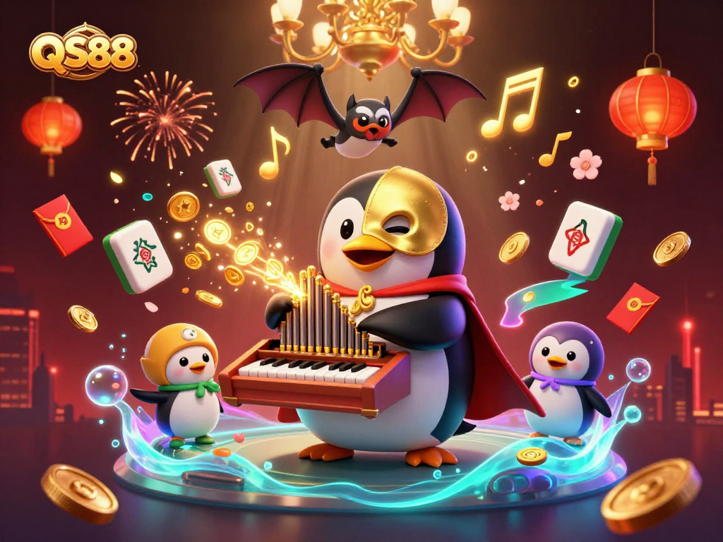 QS88 illustrates gaming excitement with a phantom penguin and golden mechanical wonders.