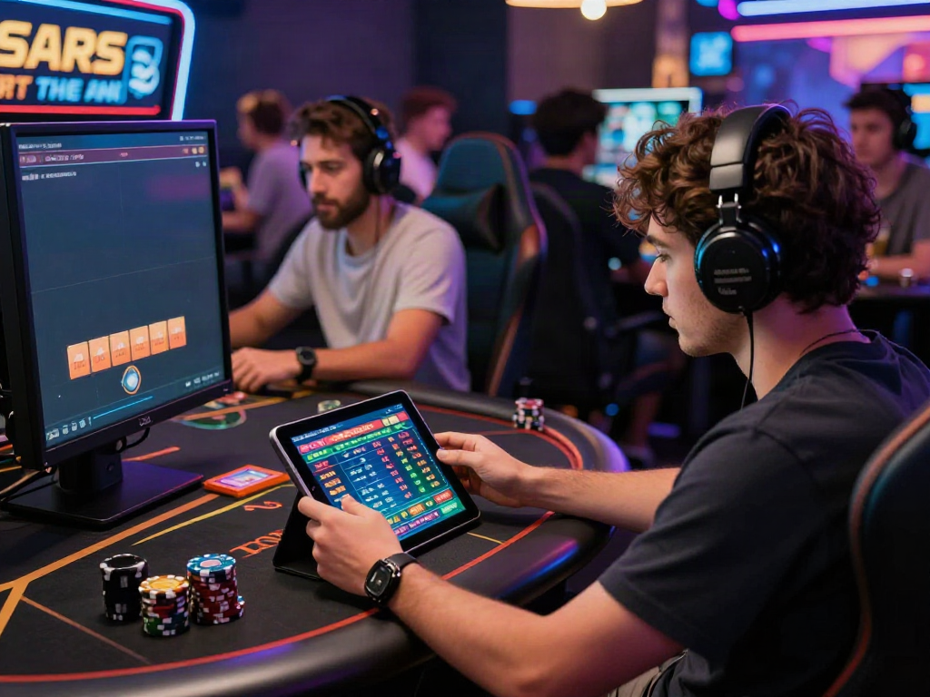 The lively gaming atmosphere at http://sin88-onl.com/ featuring players engaging with tablets and screens for an exciting online betting experience.