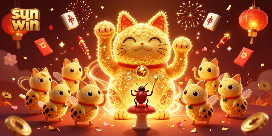 Experience the thrill of sun win with vibrant casino symbols and a lucky cat in captivating 3D art.
